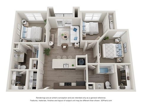 Floor plan for 3 beds, 2 baths, 1071 sqft
